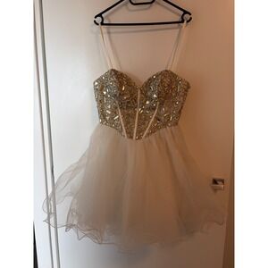 Gold Embellished Basque‎ Waist Corset Tulle Mini Dress Bridal Bachelorette Cream